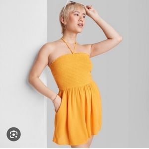 Women's Orange Woven Smocked Halter Romper Shorts from Wild Fable